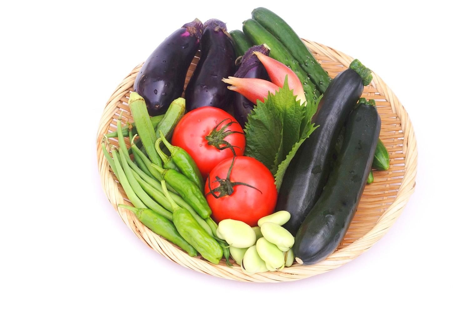 竹ザルに盛られた夏野菜。ナス、トマト、きゅうり、ししとう、いんげん、ズッキーニ、ソラマメ、みょうが、しその葉