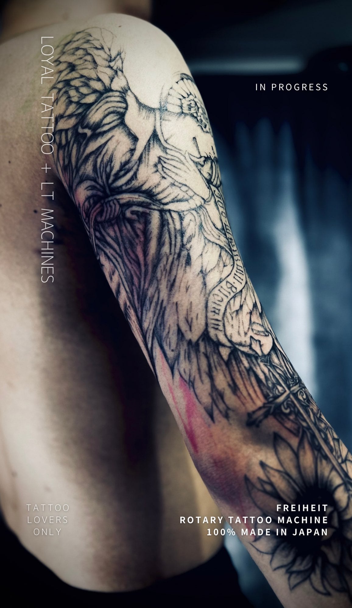 アルジャーノンに花束を》天使 と ひまわり フルスリーブタトゥー 西洋