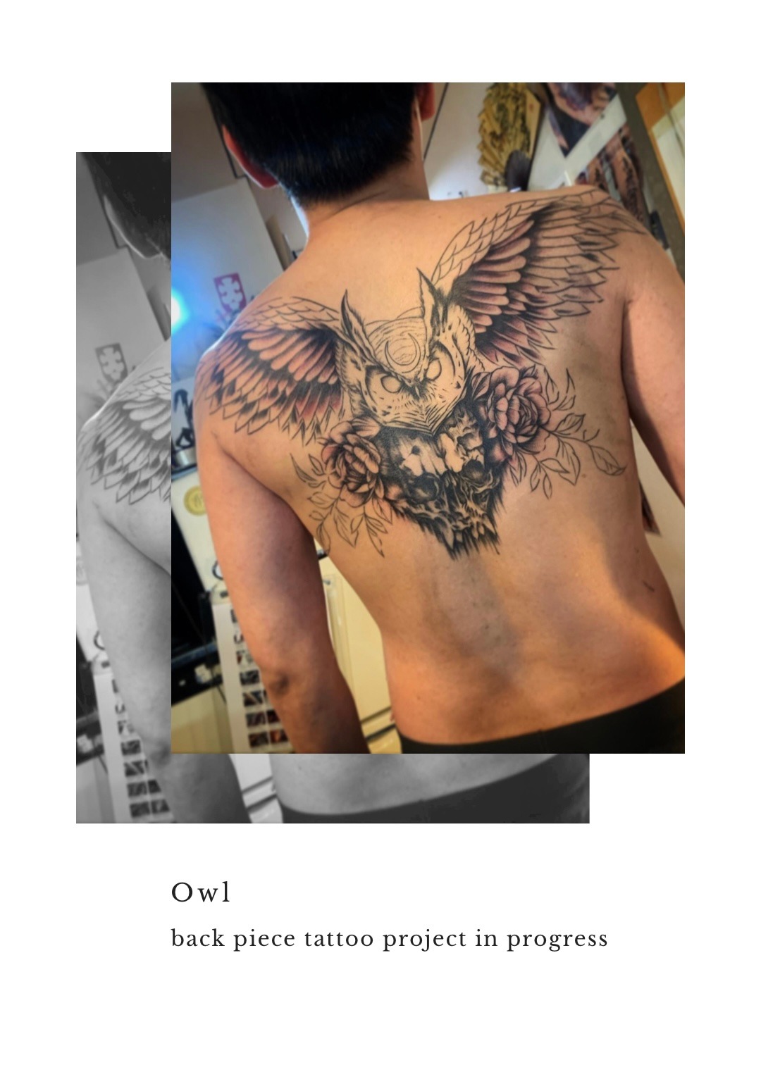 梟 Owl バックピース フクロウタトゥー 東京渋谷タトゥースタジオ 刺青師 渋谷伊彫 Loyal Tattoo 刺青師 渋谷伊彫 東京南青山 大阪アメ村 In デスペラードタトゥー