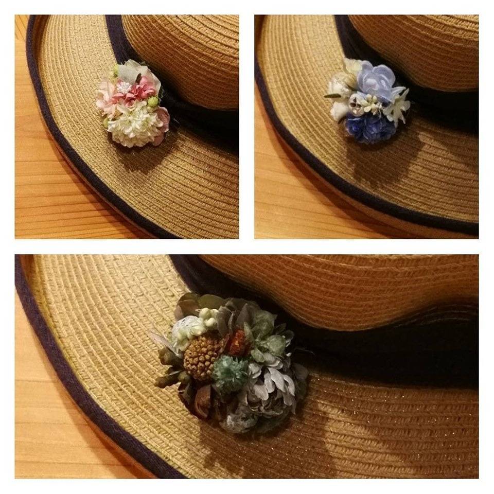 麦わら帽子にミニミニコサージュ 花雑貨 ひなんち Hinanchi