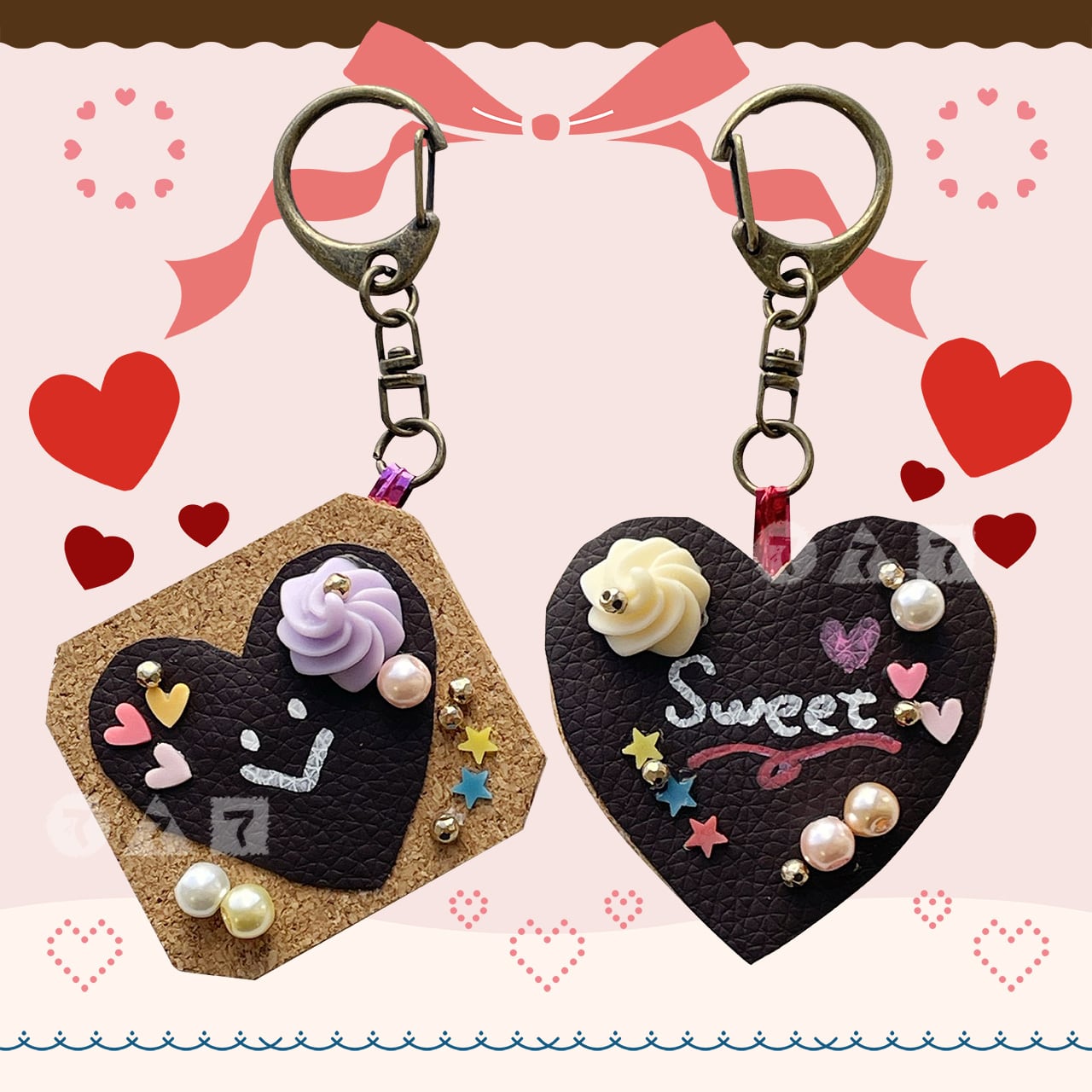 コルクとフェイクレザーで☆チョコっとスイーツキーホルダー | て