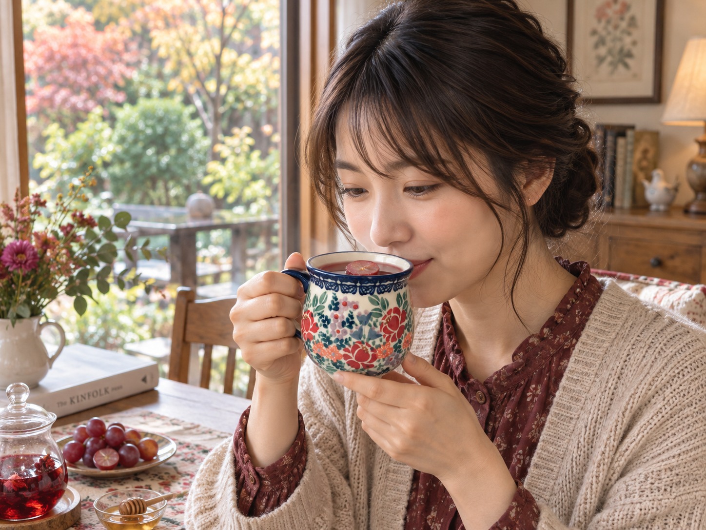 赤い花が映えるポーリッシュポタリー｜ぶどうのハイビスカスティー