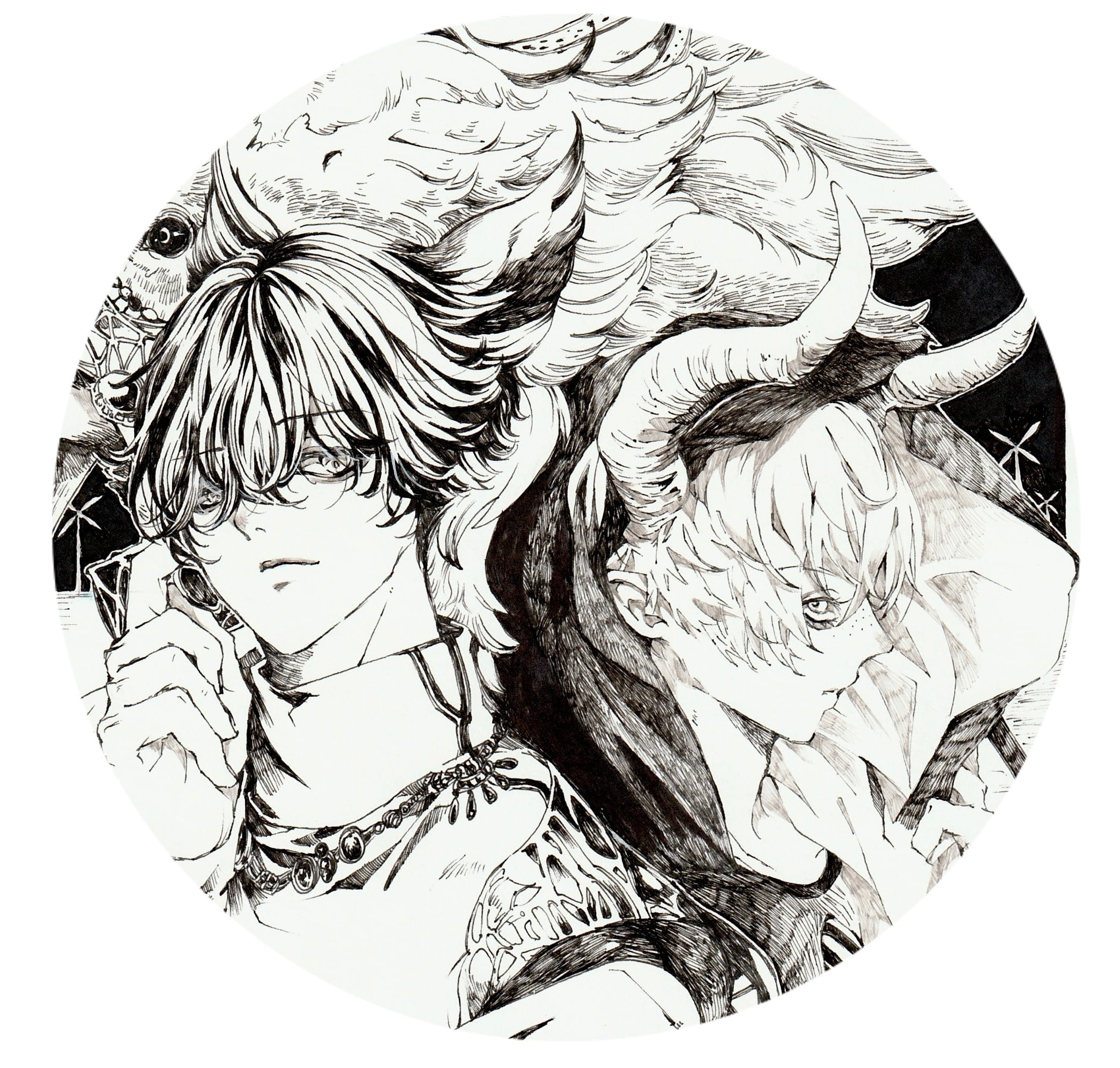 手描きイラスト ミニ色紙 オリジナル 角 男子 女の子 獣 ペン画 手描きイラスト ミニ色紙 オリジナル 角 男子 女の子 獣 ペン画